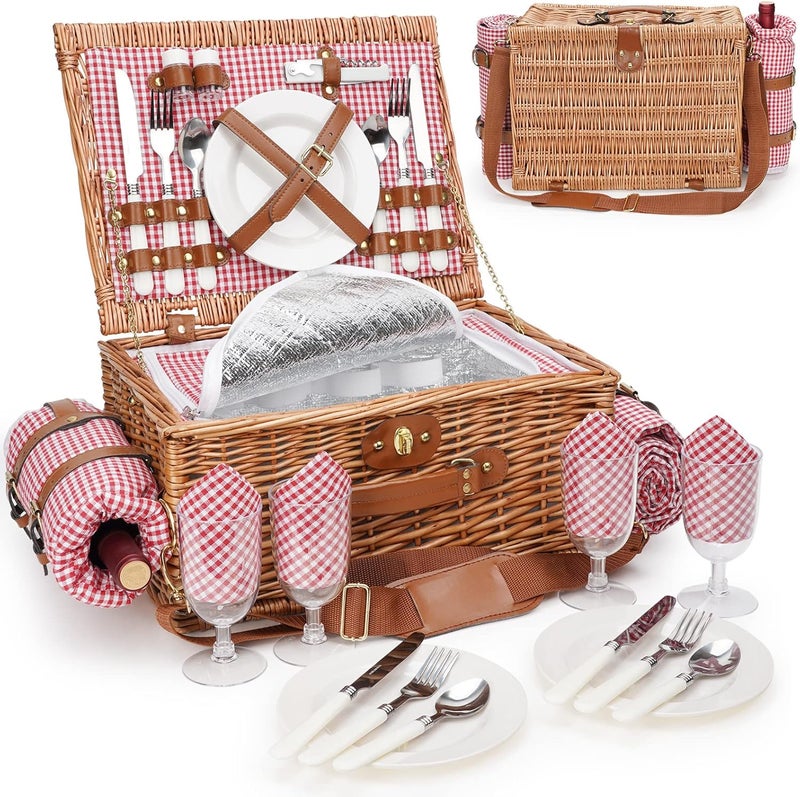 WILLOW WEAVE Picnic Basket for 4, Insulated Willow Picnic Baskets with Shoulder Strap, Picnic Hamper with Waterproof Picnic Blanket, Handmade Wicker Hamper for Outdoor, Great Gifts for Thanksgiving, Christmas - Image 1